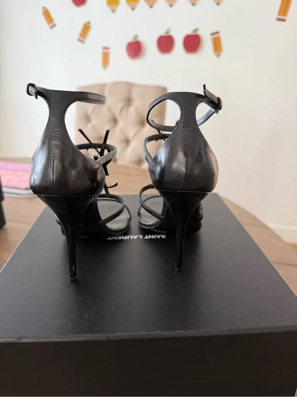 Saint Laurent Black Leather Heels with Gold YSL Logo T-Strap